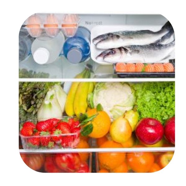 fridge filled with fresh fish fruit and veg